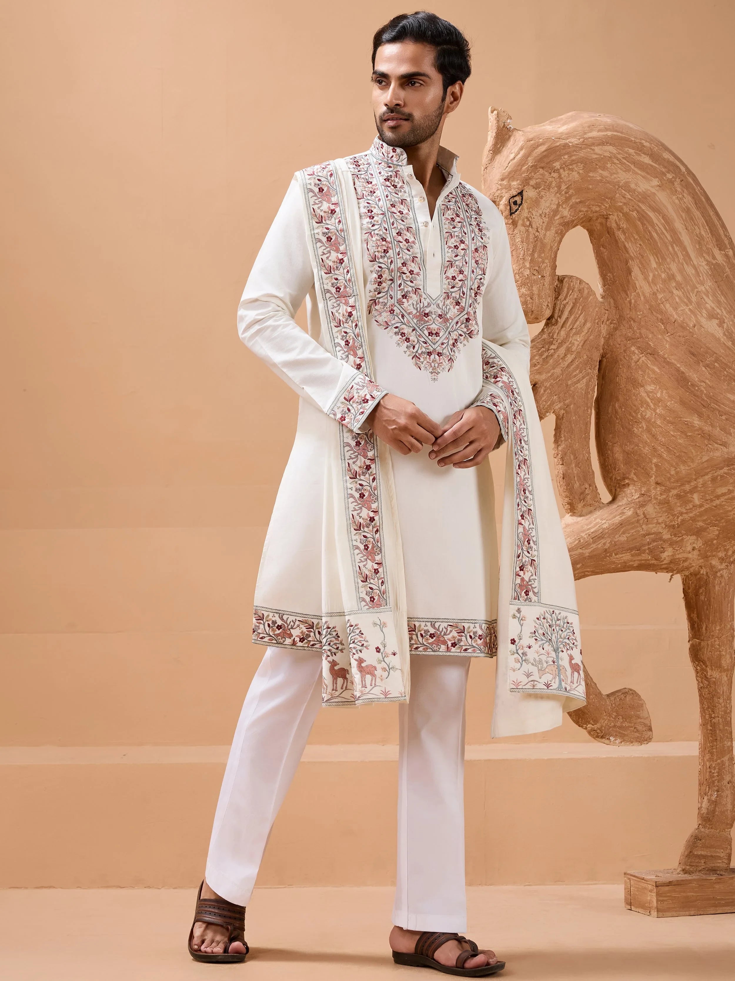 Stunning White Embroidered Silk Wedding Wear Men’s Kurta With Dupatta