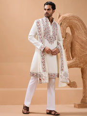 Stunning White Embroidered Silk Wedding Wear Men’s Kurta With Dupatta