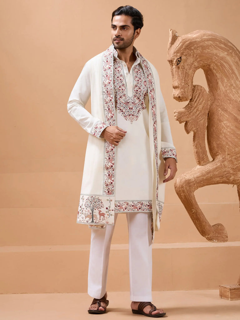 Stunning White Embroidered Silk Wedding Wear Men’s Kurta With Dupatta