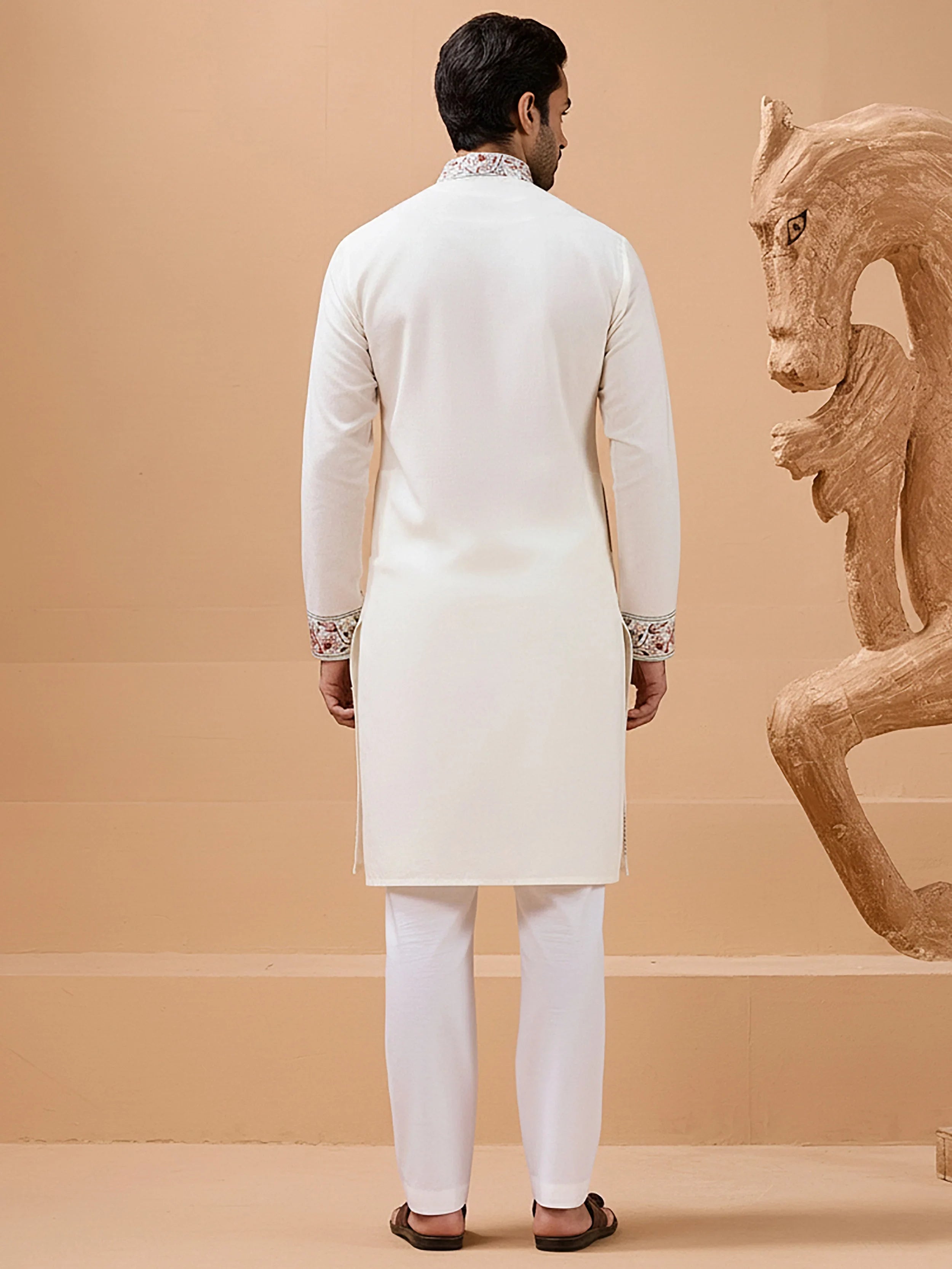 Stunning White Embroidered Silk Wedding Wear Men’s Kurta With Dupatta