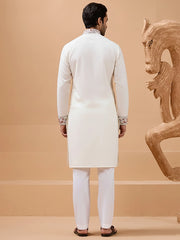 Stunning White Embroidered Silk Wedding Wear Men’s Kurta With Dupatta