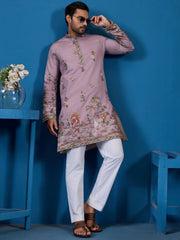 Rich Dusty Pink Thread Embroidered Viscose Festival Wear Men Kurta With Pant