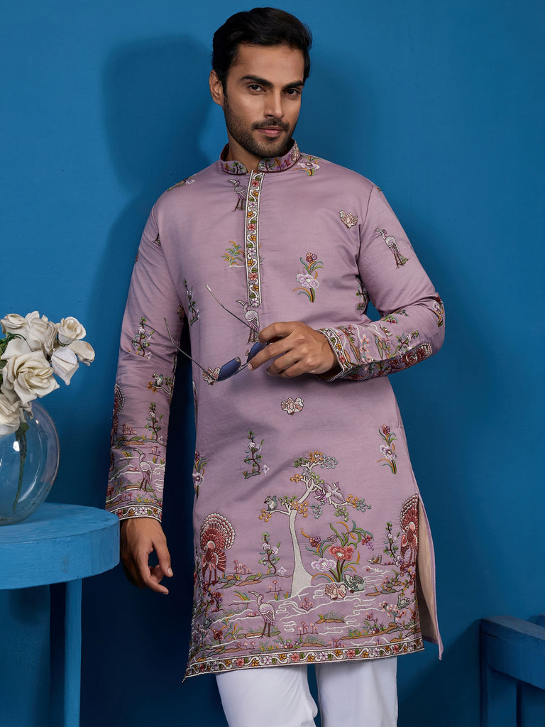 Rich Dusty Pink Thread Embroidered Viscose Festival Wear Men Kurta With Pant