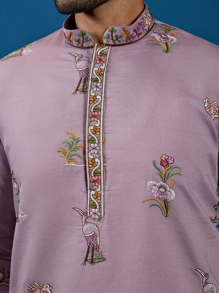 Rich Dusty Pink Thread Embroidered Viscose Festival Wear Men Kurta With Pant
