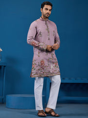 Rich Dusty Pink Thread Embroidered Viscose Festival Wear Men Kurta With Pant