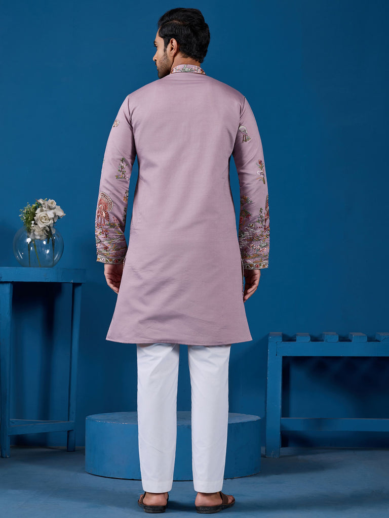 Rich Dusty Pink Thread Embroidered Viscose Festival Wear Men Kurta With Pant