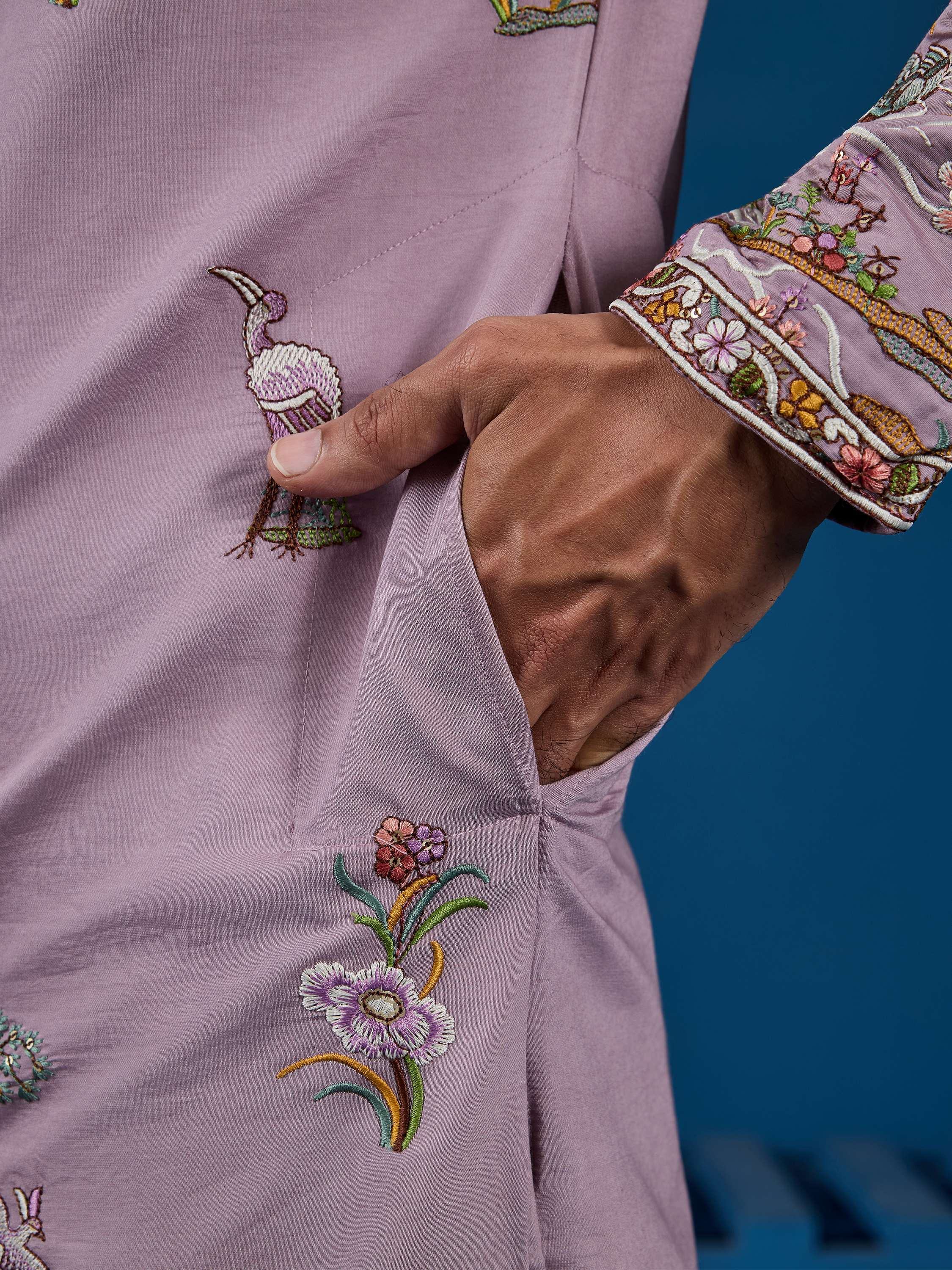 Rich Dusty Pink Thread Embroidered Viscose Festival Wear Men Kurta With Pant