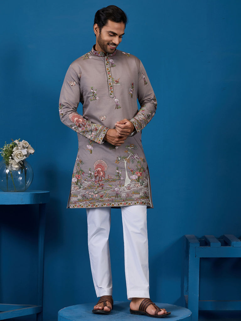 Graceful Grey Thread Work Viscose Silk Traditional Men Kurta