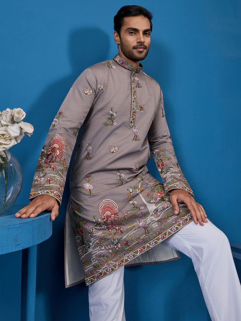 Graceful Grey Thread Work Viscose Silk Traditional Men Kurta