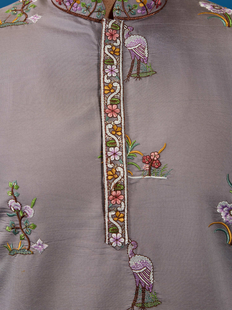 Graceful Grey Thread Work Viscose Silk Traditional Men Kurta
