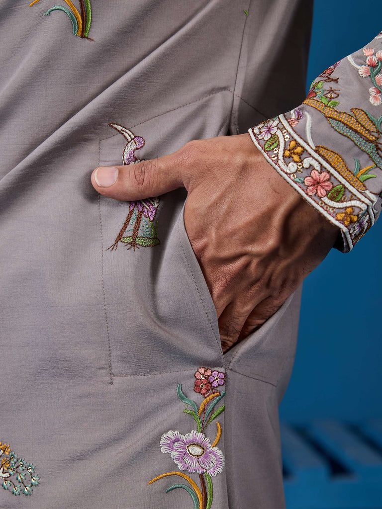 Graceful Grey Thread Work Viscose Silk Traditional Men Kurta