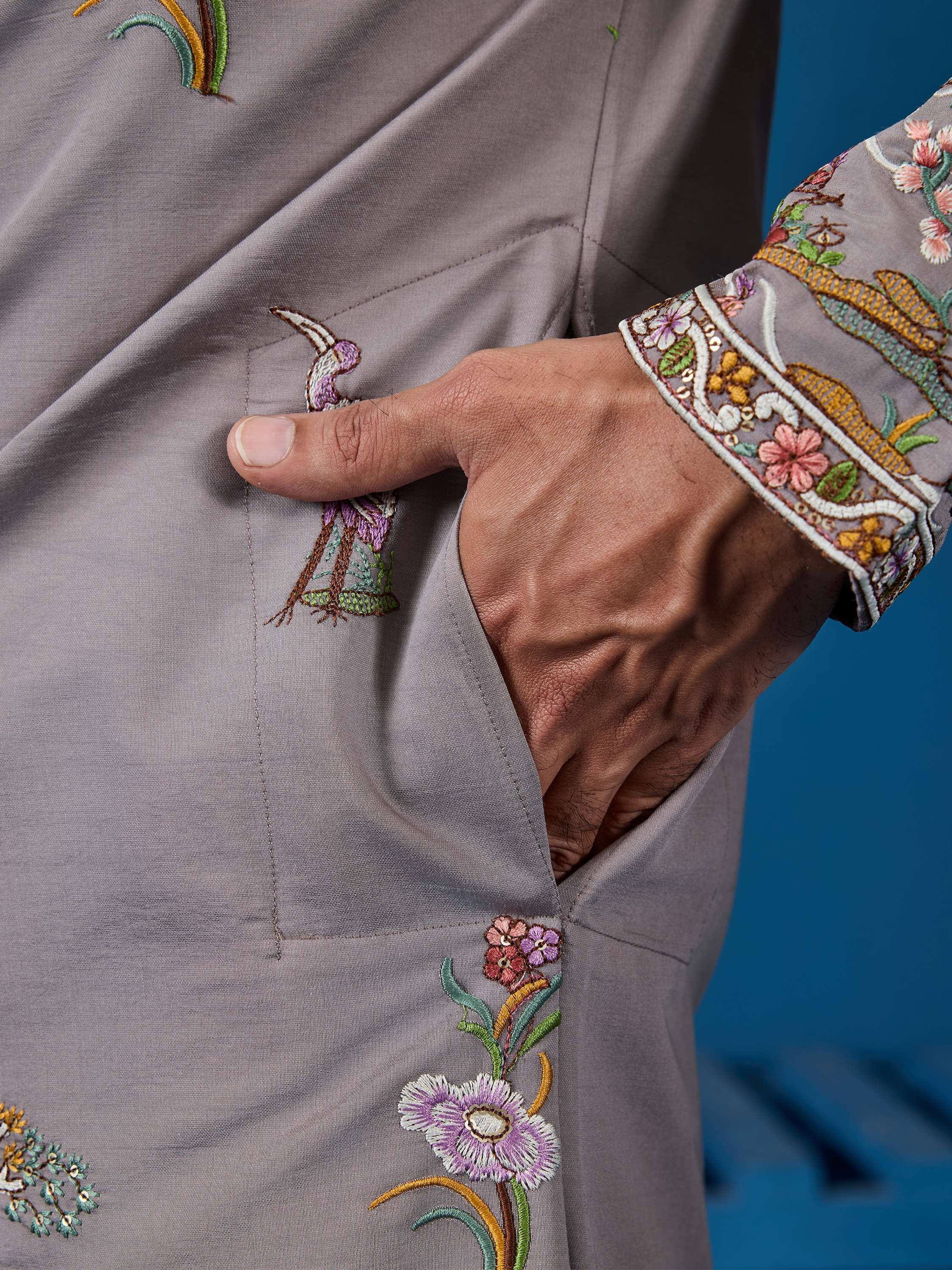 Graceful Grey Thread Work Viscose Silk Traditional Men Kurta