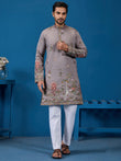 Graceful Grey Thread Work Viscose Silk Traditional Men Kurta