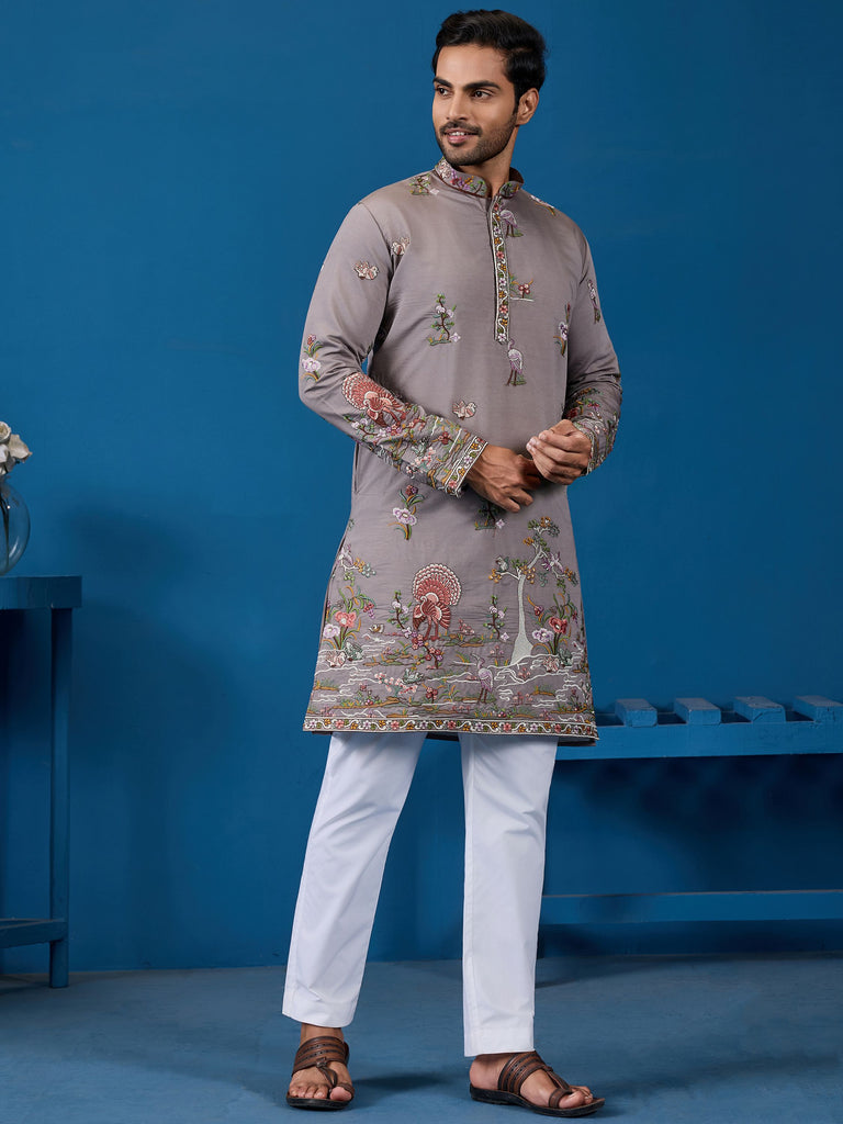 Graceful Grey Thread Work Viscose Silk Traditional Men Kurta
