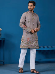 Graceful Grey Thread Work Viscose Silk Traditional Men Kurta