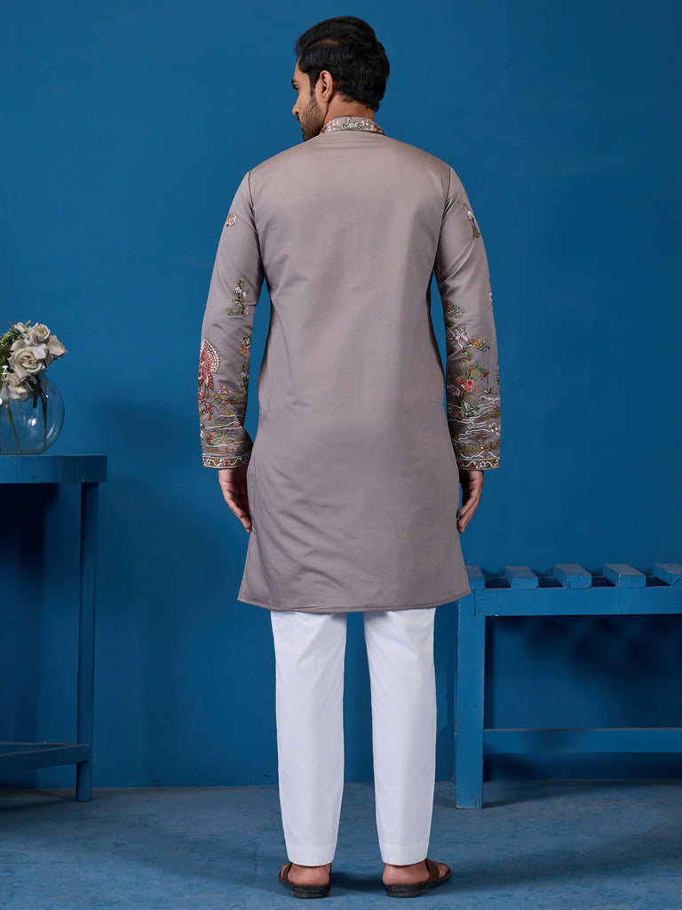 Graceful Grey Thread Work Viscose Silk Traditional Men Kurta