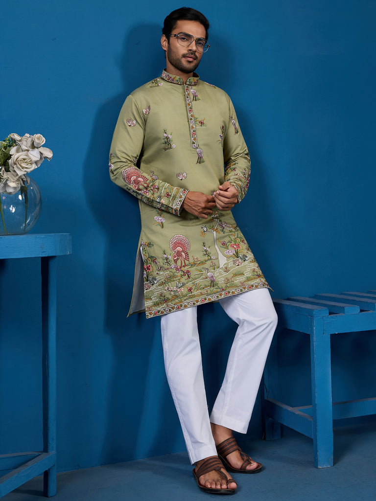 Incredible Pista Green Sequins Viscose Silk Wedding For Men Kurta