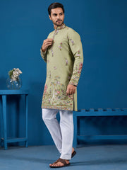 Incredible Pista Green Sequins Viscose Silk Wedding For Men Kurta