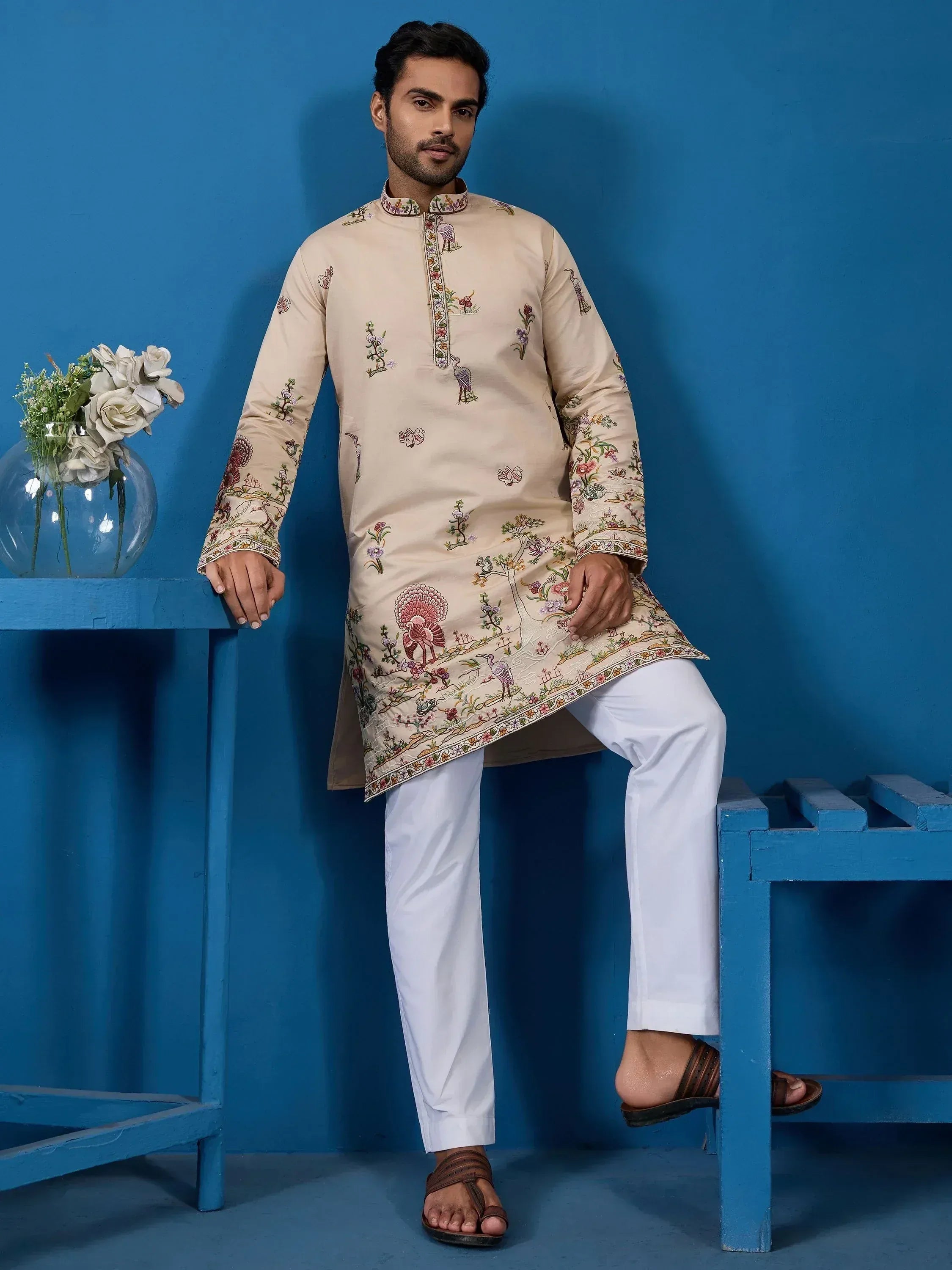 Charming Beige Thread Embroidered Viscose Silk Designer Men Kurta