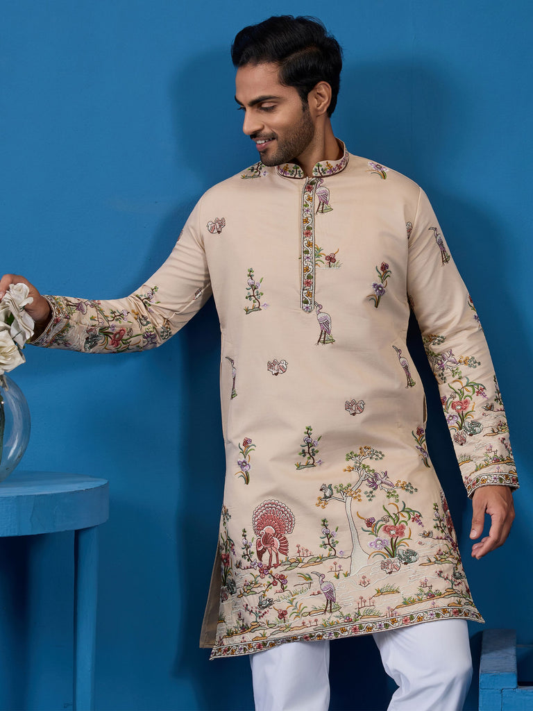Charming Beige Thread Embroidered Viscose Silk Designer Men Kurta