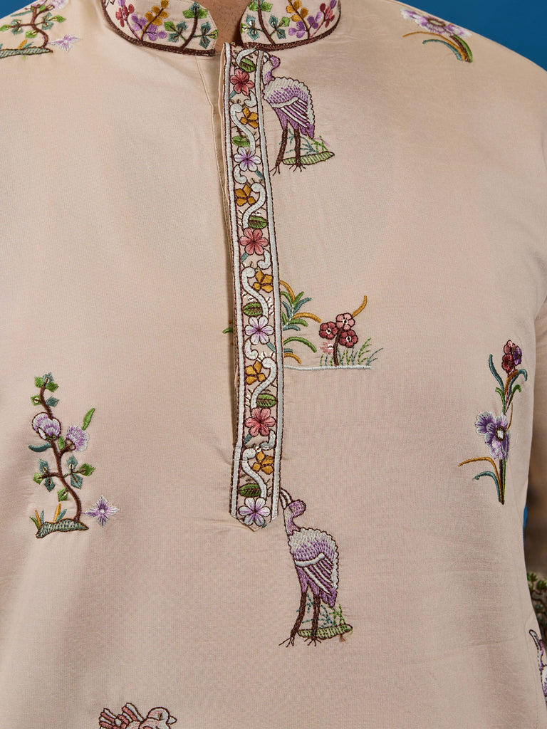 Charming Beige Thread Embroidered Viscose Silk Designer Men Kurta