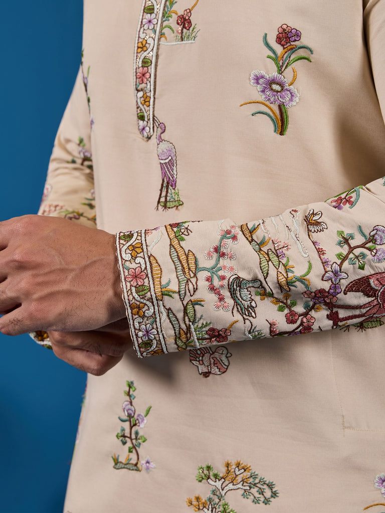 Charming Beige Thread Embroidered Viscose Silk Designer Men Kurta