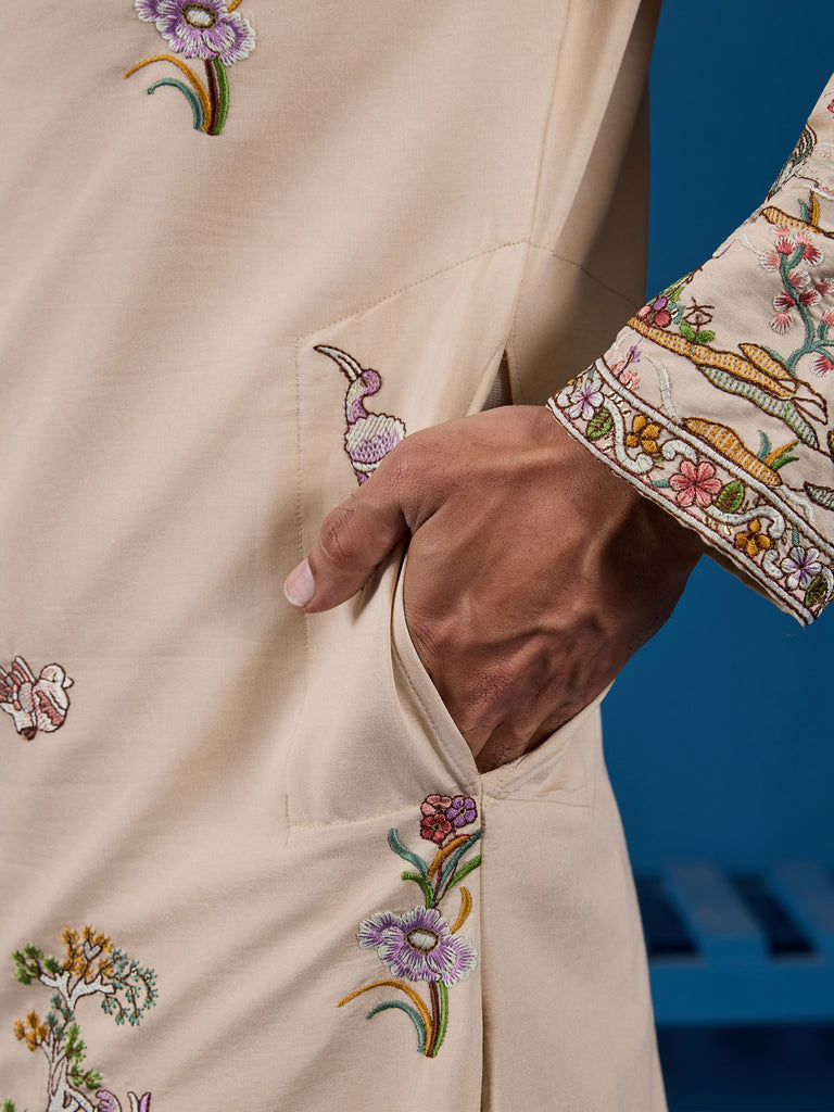 Charming Beige Thread Embroidered Viscose Silk Designer Men Kurta