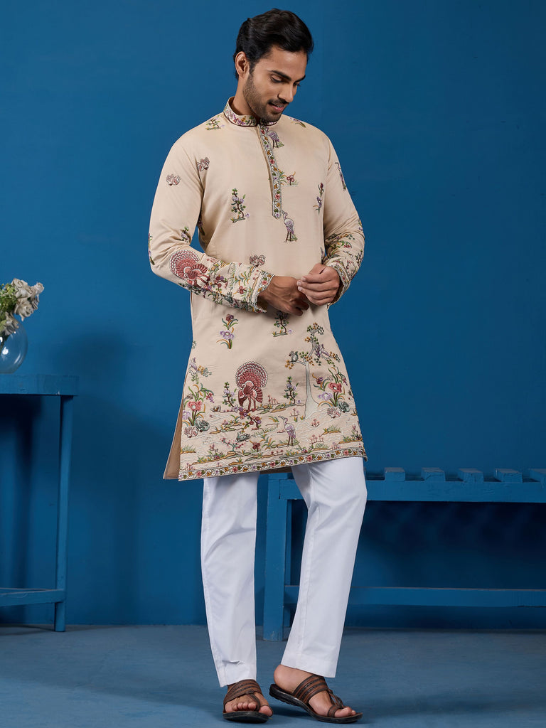 Charming Beige Thread Embroidered Viscose Silk Designer Men Kurta