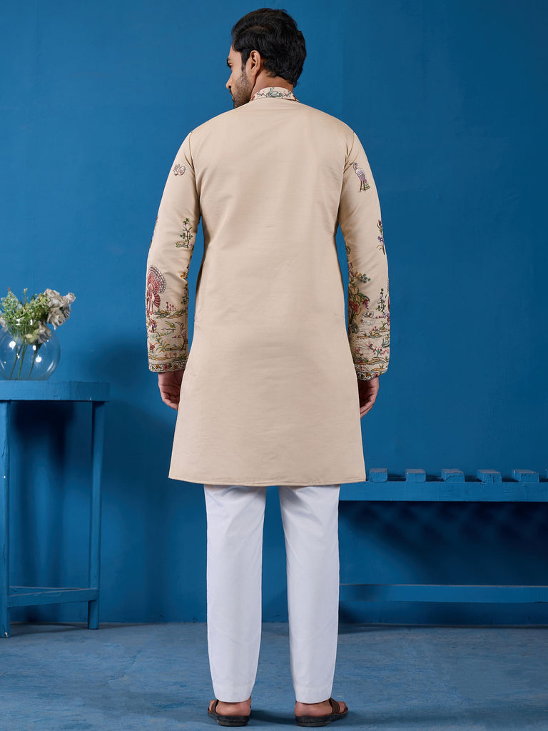 Charming Beige Thread Embroidered Viscose Silk Designer Men Kurta