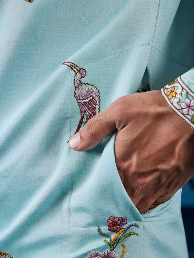 Amazing Sky-Blue Sequins Viscose Silk Function Wear Men Kurta