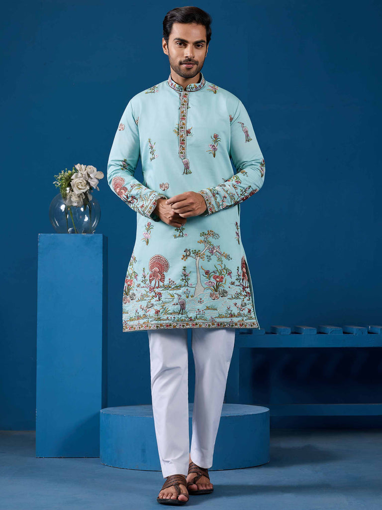 Amazing Sky-Blue Sequins Viscose Silk Function Wear Men Kurta