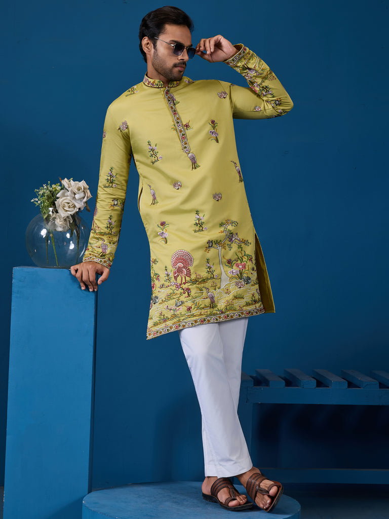 Tantalizing Yellow Sequins Embroidery Viscose Silk Festival Wear Men Kurta