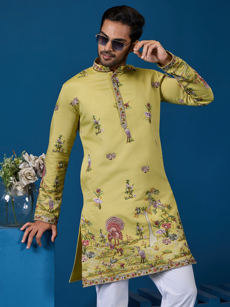 Tantalizing Yellow Sequins Embroidery Viscose Silk Festival Wear Men Kurta