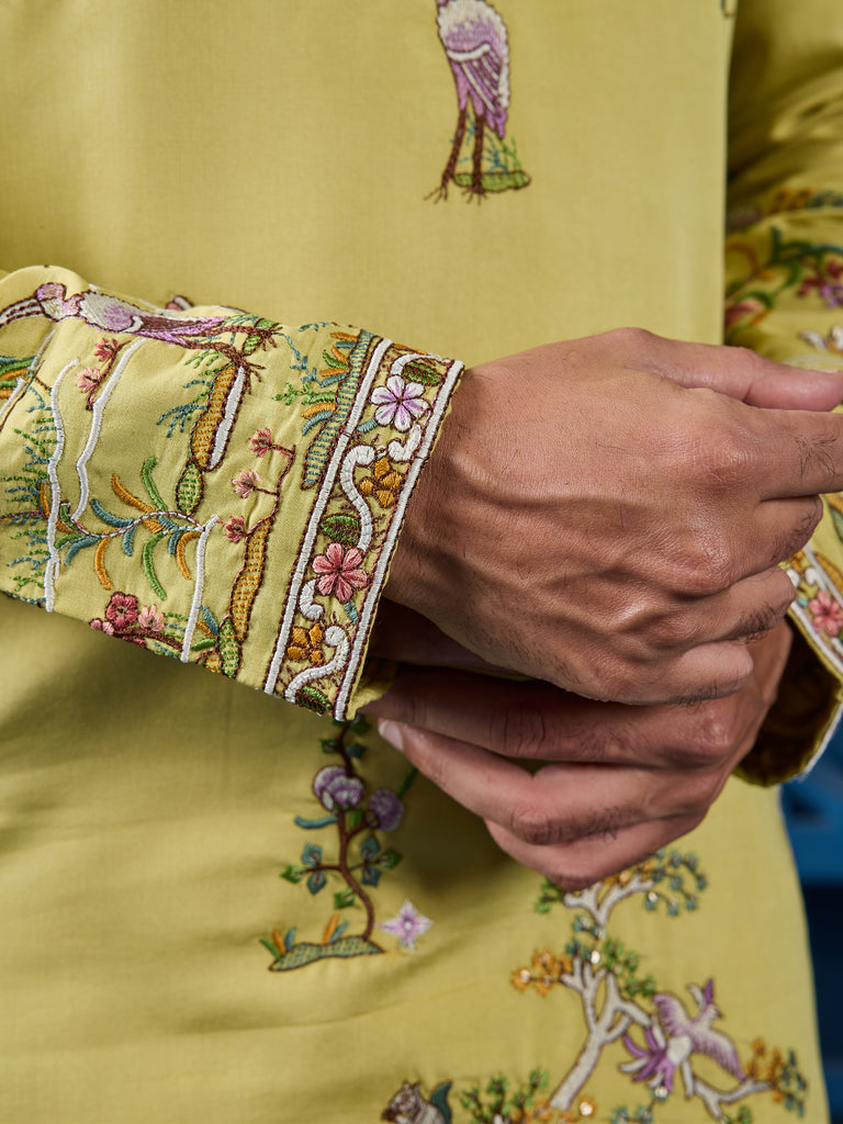 Tantalizing Yellow Sequins Embroidery Viscose Silk Festival Wear Men Kurta