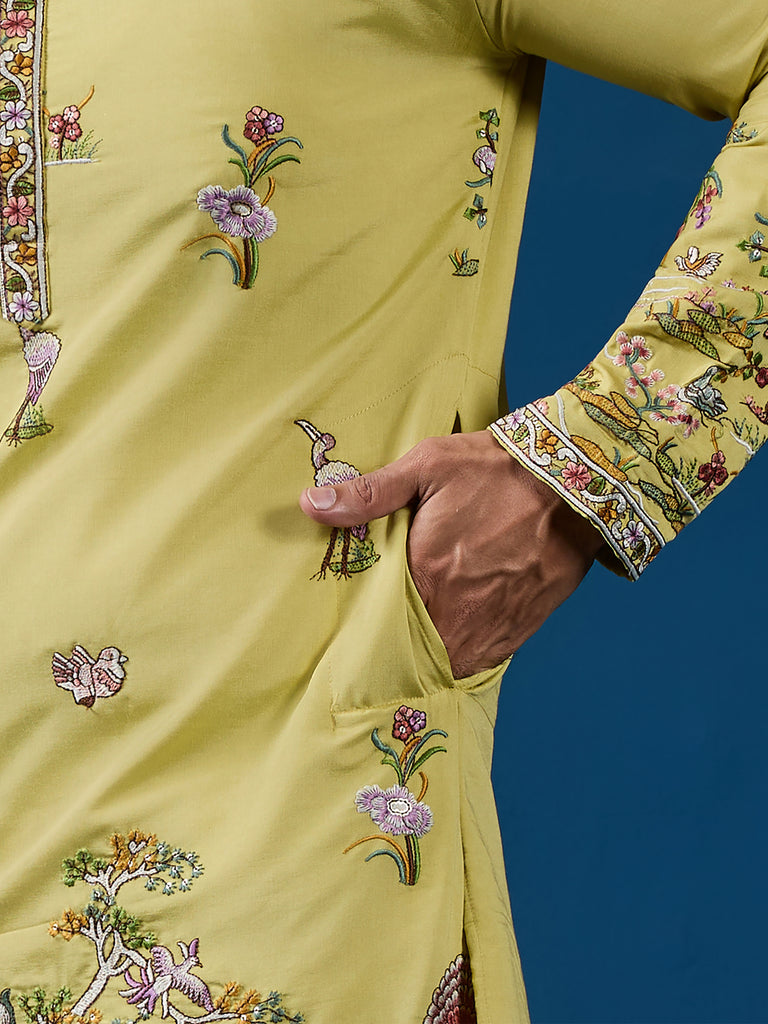 Tantalizing Yellow Sequins Embroidery Viscose Silk Festival Wear Men Kurta