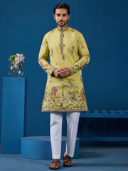 Tantalizing Yellow Sequins Embroidery Viscose Silk Festival Wear Men Kurta