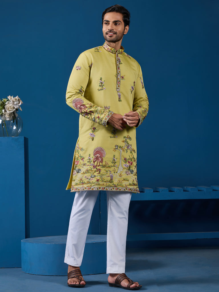 Tantalizing Yellow Sequins Embroidery Viscose Silk Festival Wear Men Kurta