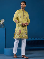 Tantalizing Yellow Sequins Embroidery Viscose Silk Festival Wear Men Kurta
