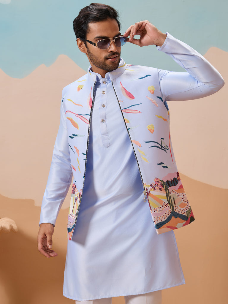 Astonishing Sky Blue Silk Men Kurta With Pant And Multi-Thread Work Jacket
