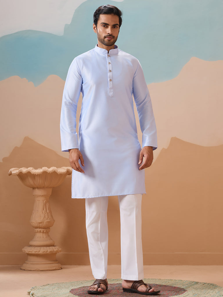 Astonishing Sky Blue Silk Men Kurta With Pant And Multi-Thread Work Jacket
