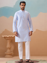 Astonishing Sky Blue Silk Men Kurta With Pant And Multi-Thread Work Jacket
