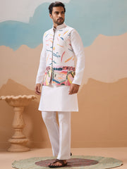 Enchanting White Thread Work Silk Marriage For Men Kurta With Pant And Jacket