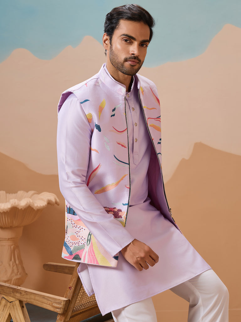 Lovable Lavender Thread Work Silk Men Kurta With Pant And Jacket