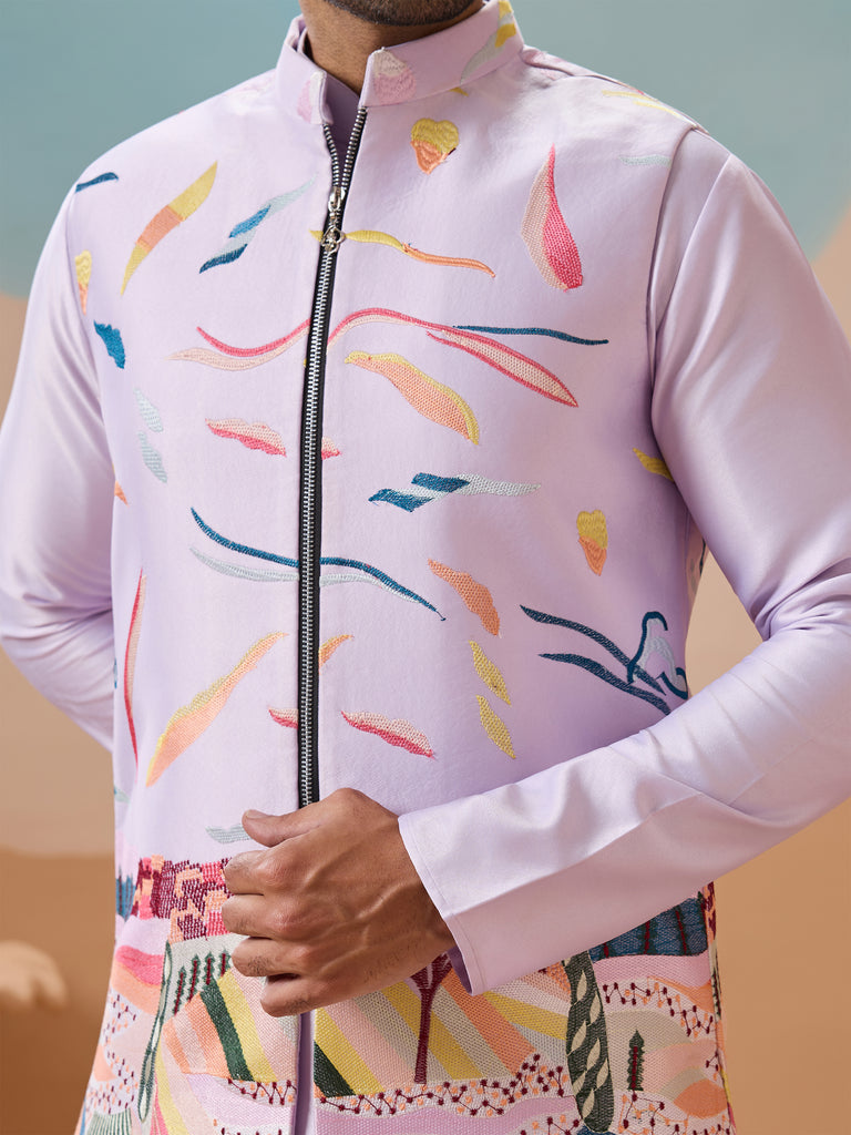 Lovable Lavender Thread Work Silk Men Kurta With Pant And Jacket