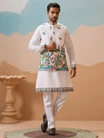 Dazzling White Thread Embroidered Silk Men's Kurta Set With Jacket