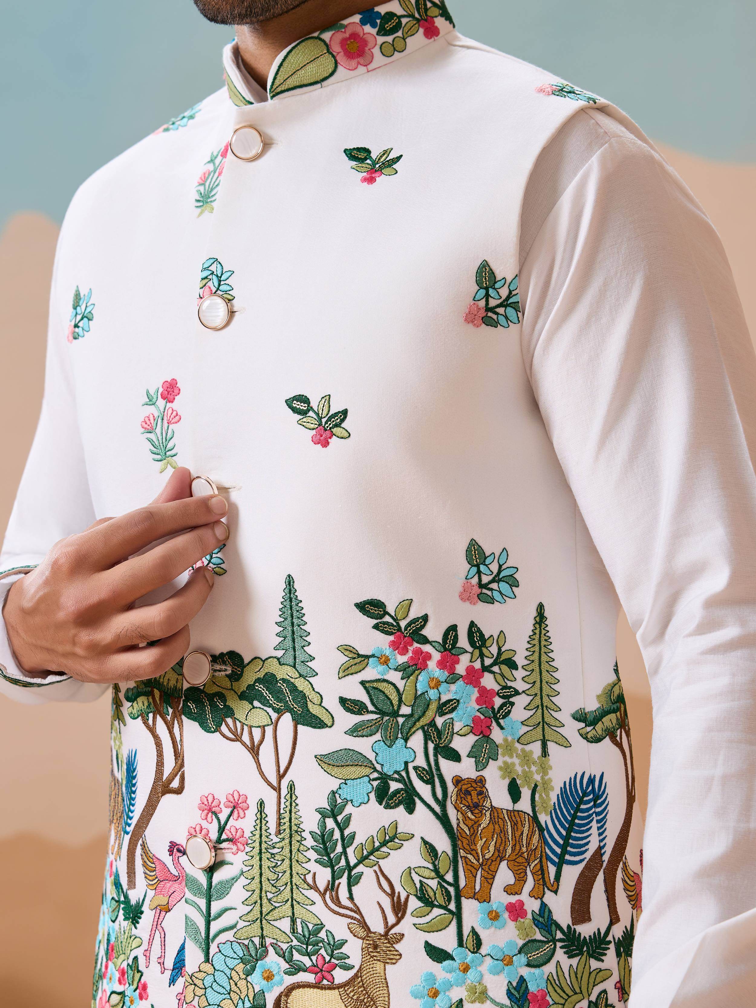 Dazzling White Thread Embroidered Silk Men’s Kurta Set With Jacket