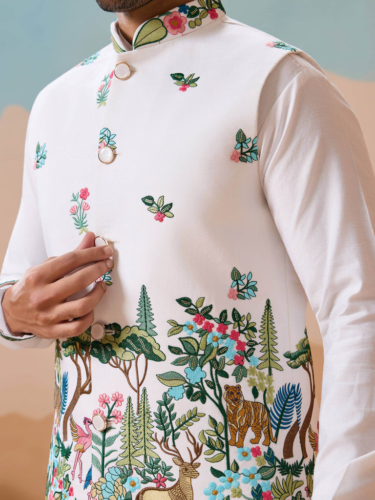 Dazzling White Thread Embroidered Silk Men’s Kurta Set With Jacket