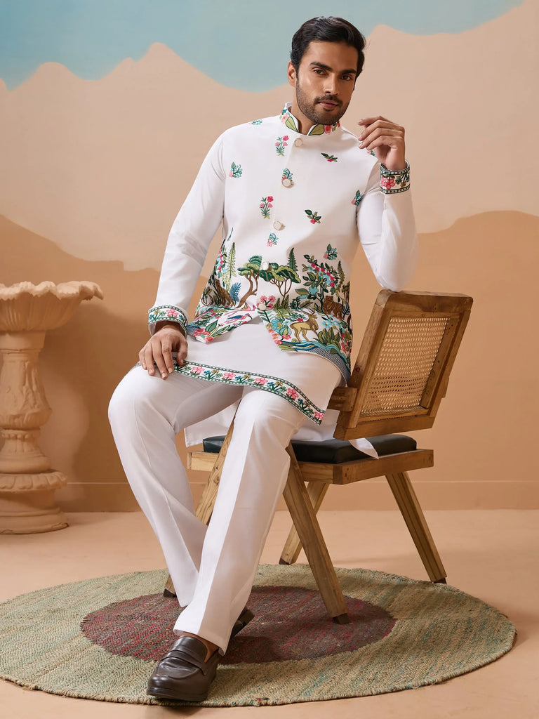 Dazzling White Thread Embroidered Silk Men’s Kurta Set With Jacket