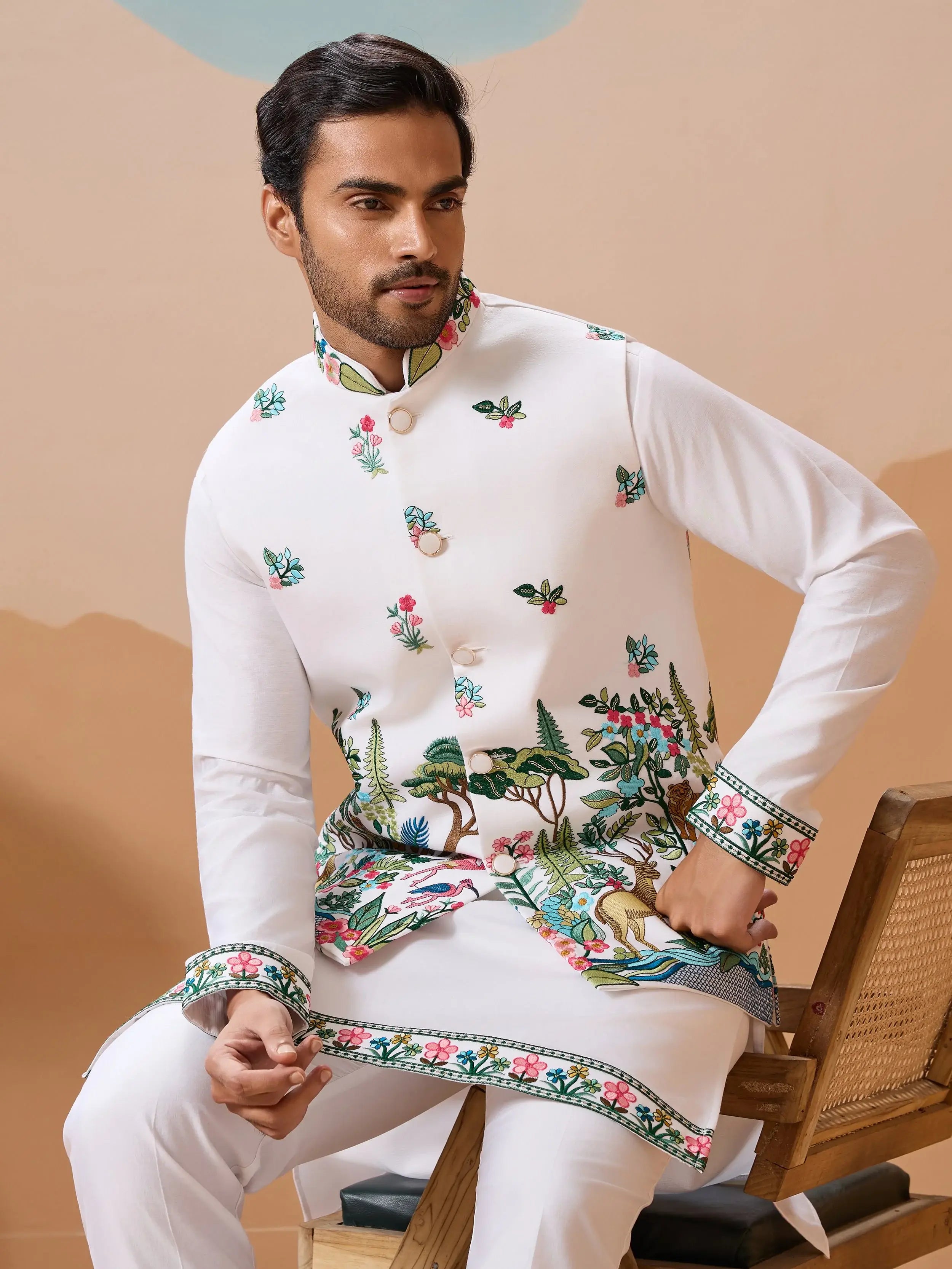 Dazzling White Thread Embroidered Silk Men’s Kurta Set With Jacket