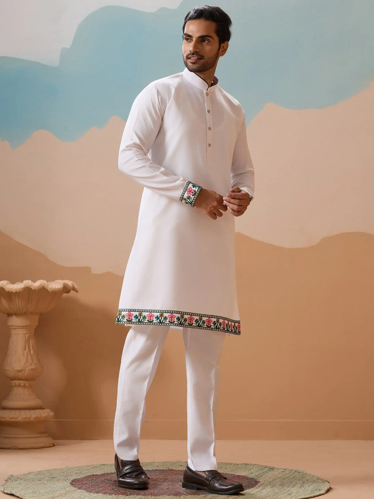 Dazzling White Thread Embroidered Silk Men’s Kurta Set With Jacket